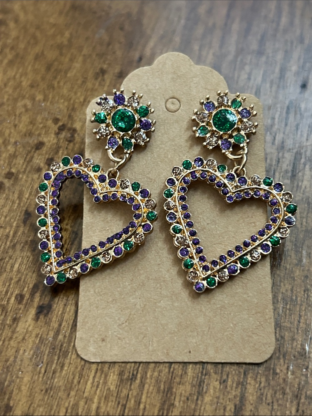 Gold Heart Drop Earrings with Purple and Green Stones. Great for Mardi Gras!
